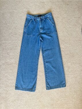 Wide Leg Jeans, Cotton, High Rise, Blue Denim, Size 26 Forever 21, Patch Pockets